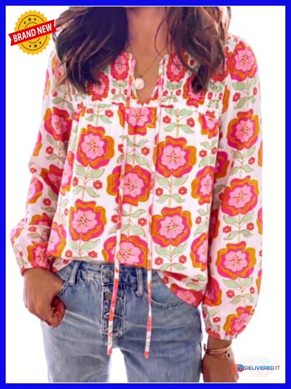 Boho Peasant Blouse Women Floral V-Neck Long Sleeve Cotton Blend Top